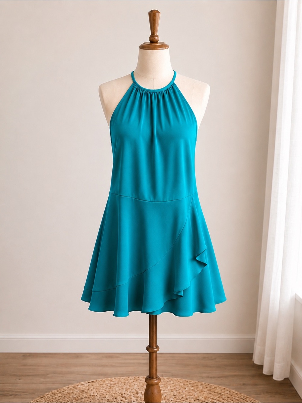Girls Teal Halter Ruffle-Edge Party Dress